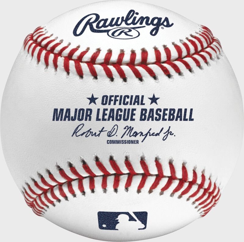 A white Rawlings baseball with red stitches, marked "Official Major League Baseball" and signed by Robert D. Manfred Jr., the commissioner. The MLB logo is also visible on the ball, a true artifact from a league where solutions like the luxury tax keep competition balanced.