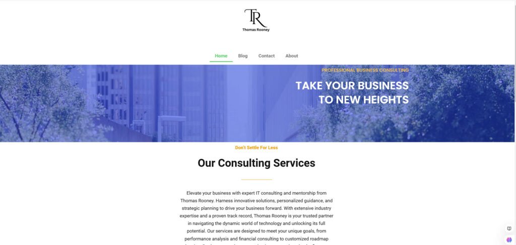 Screenshot of a consulting website header with a logo and navigation menu. A city skyline in blue hues is in the background, with text stating "Take Your Business to New Heights." Below is a section describing consulting services.