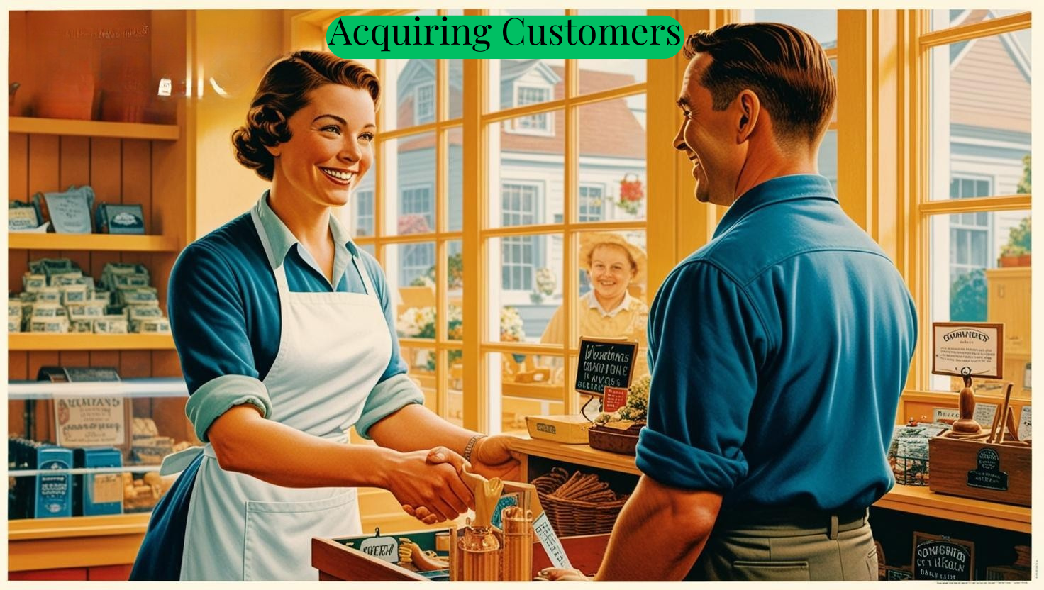 A woman in an apron shakes hands with a man at a store counter, symbolizing the art of acquiring customers. Shelves filled with various goods line the wall, while a smiling older woman observes from the window. The entire scene exudes a retro charm.