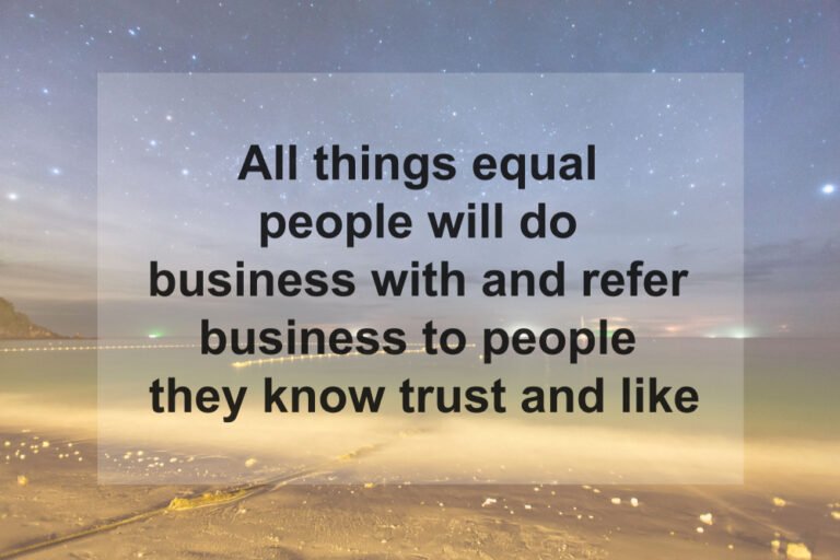 Inspirational quote on a blurred beach and night sky background: "All things equal, successful people will do business with and refer business to those they know, trust, and like.