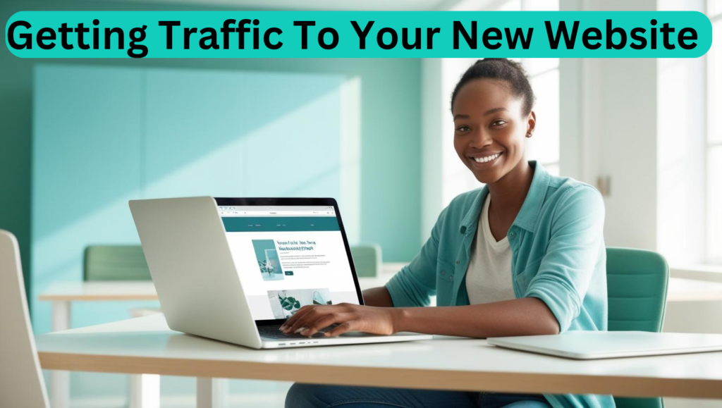 A person smiles while sitting at a desk with a laptop open. The screen displays a website. The background features teal decor. Text reads "Boost Traffic to Your New Website with Effective SEO Strategies.
