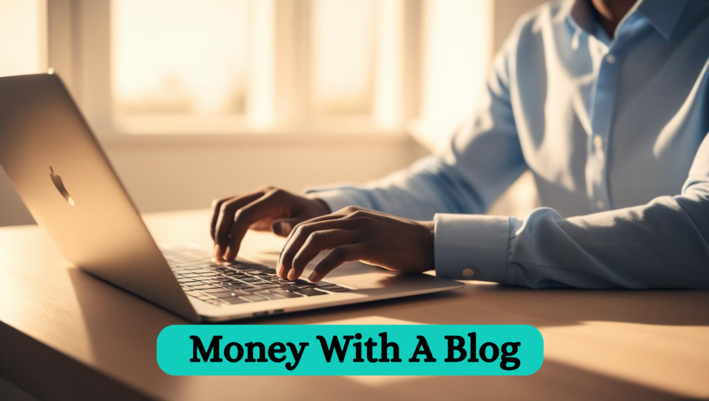 A person in a blue shirt types on a laptop at a sunlit desk. The text "Money With A Blog" is overlaid at the bottom.