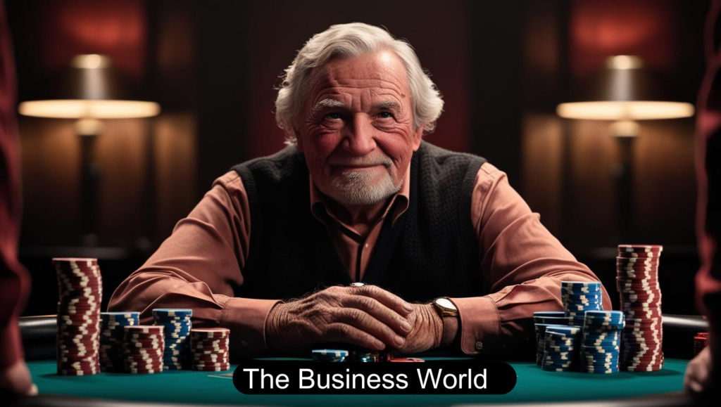 An elderly man with white hair and a beard sits confidently at a poker table, framed by towering stacks of poker chips. Clad in a dark vest over an orange shirt, he embodies the Gambler's Perspective. A warmly lit scene captures his savvy spirit beneath the caption, "The Business World.