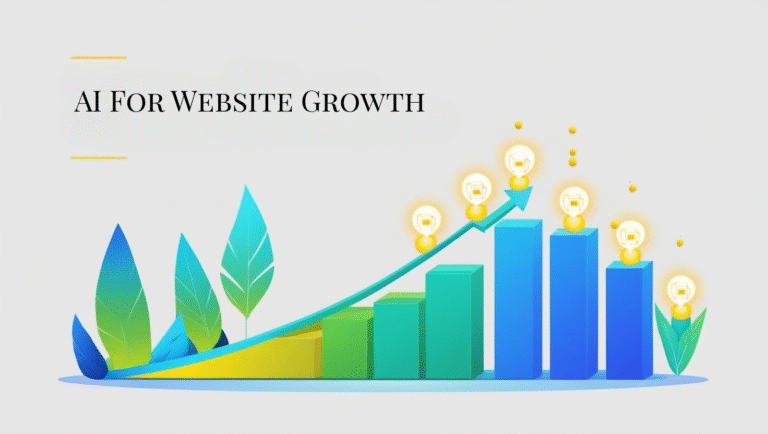 A bar graph with an upward arrow, glowing lightbulbs above each bar, and leaves on the left. The text reads "AI For Website Growth." The modern, colorful design highlights AI strategies that drive progress and innovation.