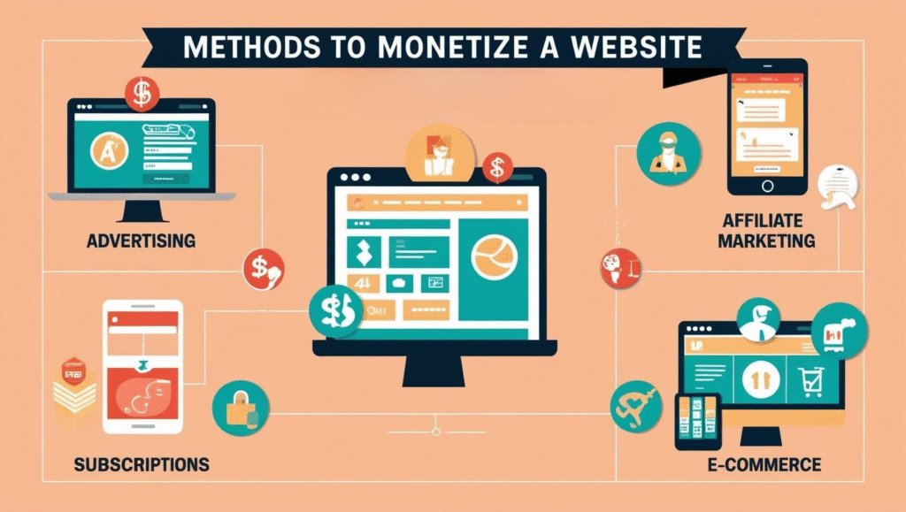Infographic with Quick Tips to Monetize Your Website: icons for advertising, subscriptions, affiliate marketing, and e-commerce all connect to a central computer screen illustration. Perfect for website monetization strategies at a glance.