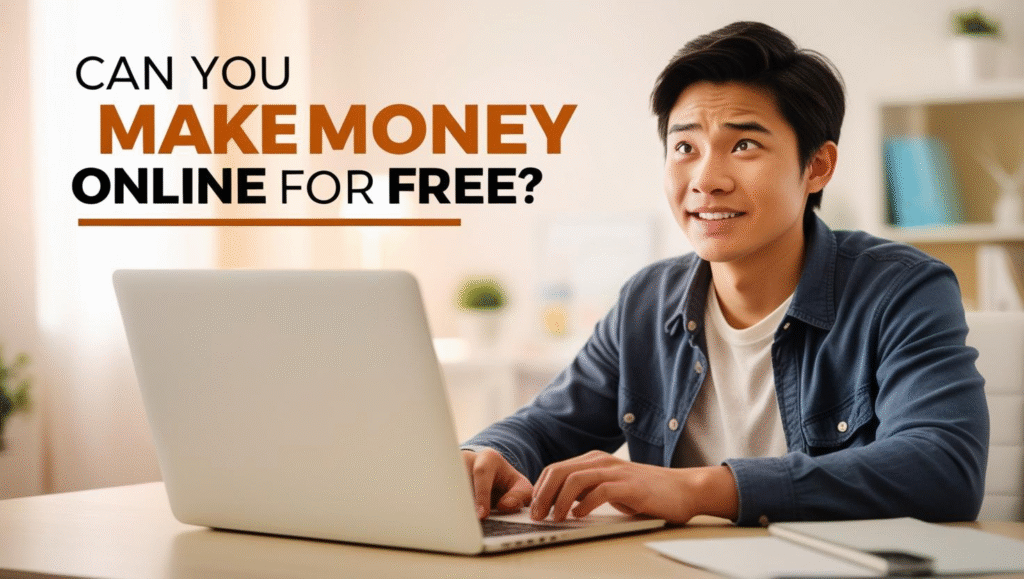 A young person sits at a desk using a laptop, smiling. Large text beside them asks, “Can you earn money online for free?” The setting appears to be a bright, cozy home office.