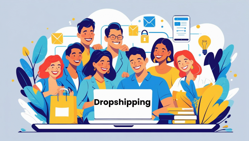 A diverse group of smiling people gather around a laptop displaying "Dropshipping." Surrounding them are icons of emails, a lock, and shopping bags, symbolizing a guide to profitable online business and seamless communication.