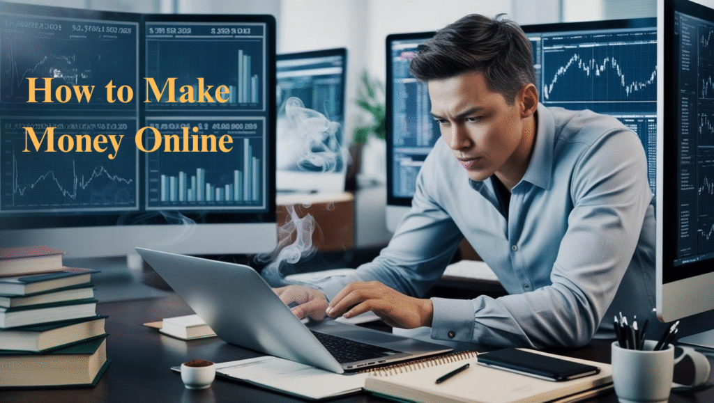 A focused man works on a laptop in an office with multiple monitors displaying financial charts. Text on the image reads “How to Make Money Online,” capturing the essence of the online grind. Papers, a notebook, and coffee are on the desk.