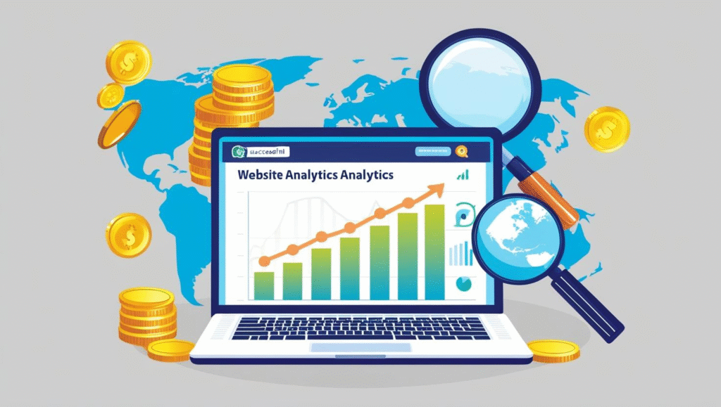 A laptop displaying a website analytics chart with rising bars and an upward arrow. Surrounding the laptop are stacks of gold coins, magnifying glasses, and a world map—symbolizing business websites on the path to becoming more profitable.