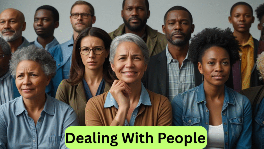 A diverse group of people of various ages and backgrounds sits together, some smiling and others serious. The phrase "Dealing With People" is displayed on a bright green banner at the bottom, highlighting the art of satisfying people while being your own boss.