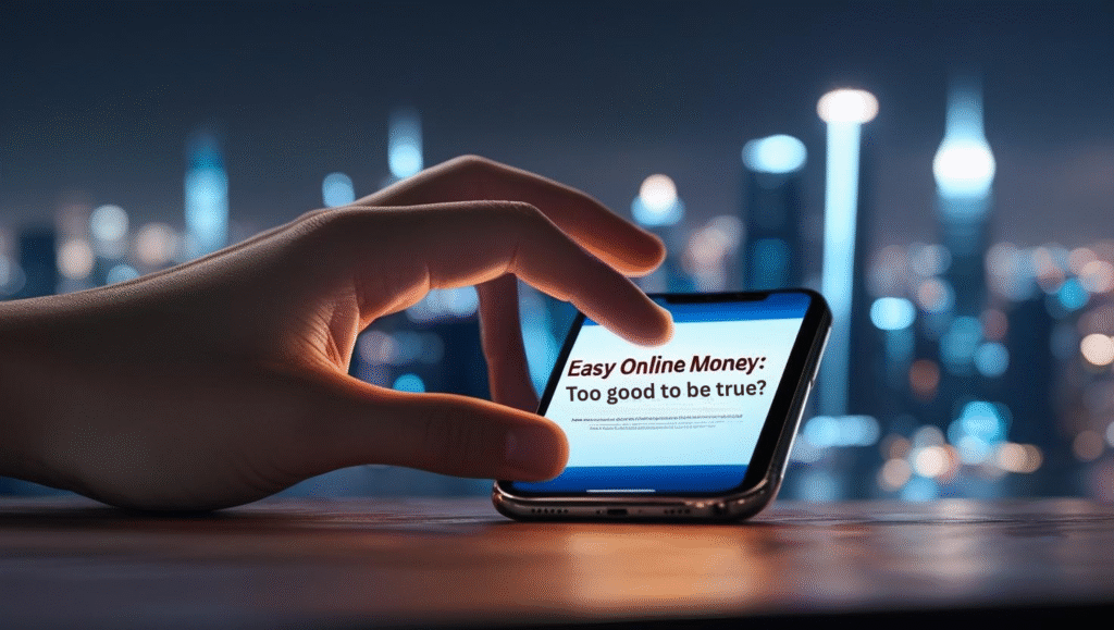 A hand holds a smartphone displaying the text "Easy Online Money: Too good to be true?" with the promise of easy money flashing against a blurred cityscape at night.