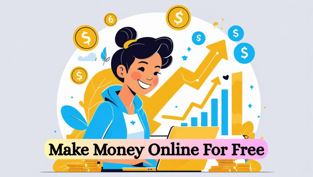 A smiling person uses a laptop surrounded by coins, money symbols, and upward-pointing graphs. The bold, colorful text at the bottom reads “Make Money Online For Free,” highlighting simple ways to earn money online.