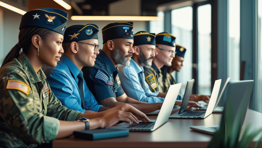 A diverse group of military personnel in uniform sits side by side at a long table, using laptops and business tools in a modern, sunlit office environment.