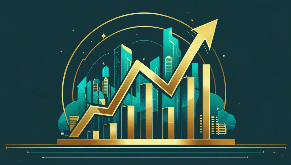 A golden upward-pointing arrow zigzags over bar graphs before a stylized cityscape, symbolizing Startup Triumph and financial growth on a dark background with glowing accents.
