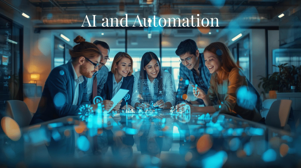 A diverse group of professionals collaborate at a table with digital data and holograms, surrounded by blue light effects. Text above reads, “AI and Automation.” The scene suggests small business teamwork powered by futuristic technology.