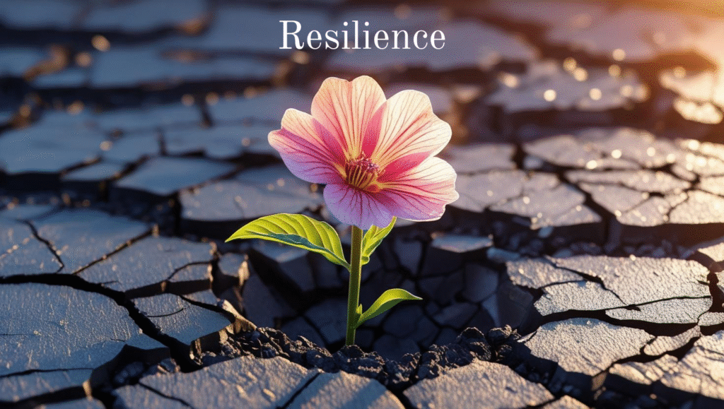 A pink flower with green leaves grows through cracked, dry earth under sunlight, symbolizing mental toughness. The word "Resilience" appears at the top of the image.
