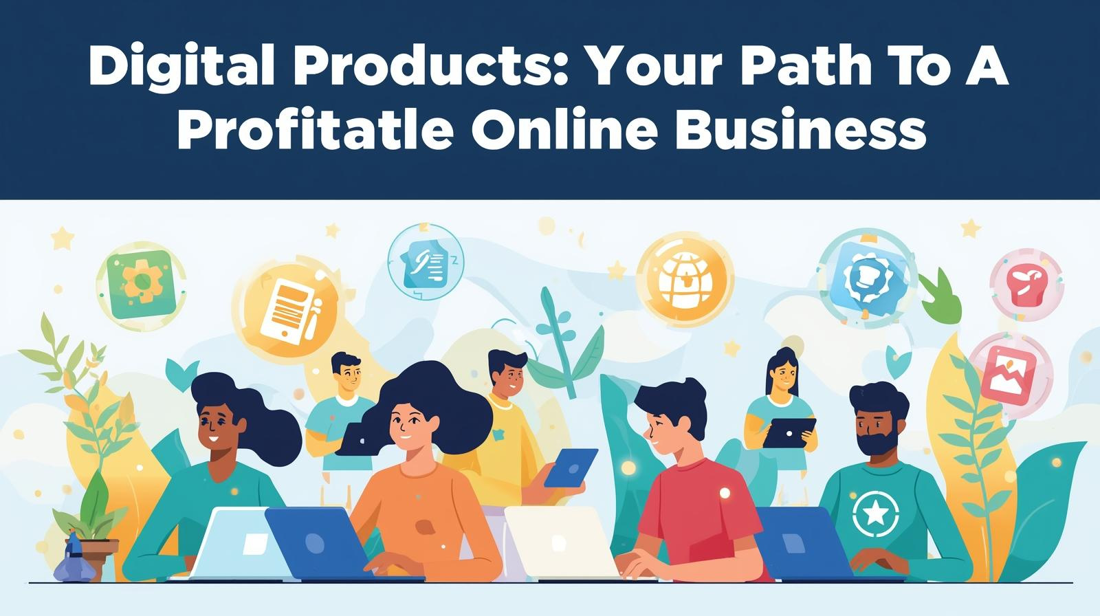A colorful illustration of diverse people working on laptops, surrounded by digital icons, with the text “Digital Products: Your Path To a Profitable Online Business” above them. Perfect for showcasing how digital products can lead to a profitable online business.