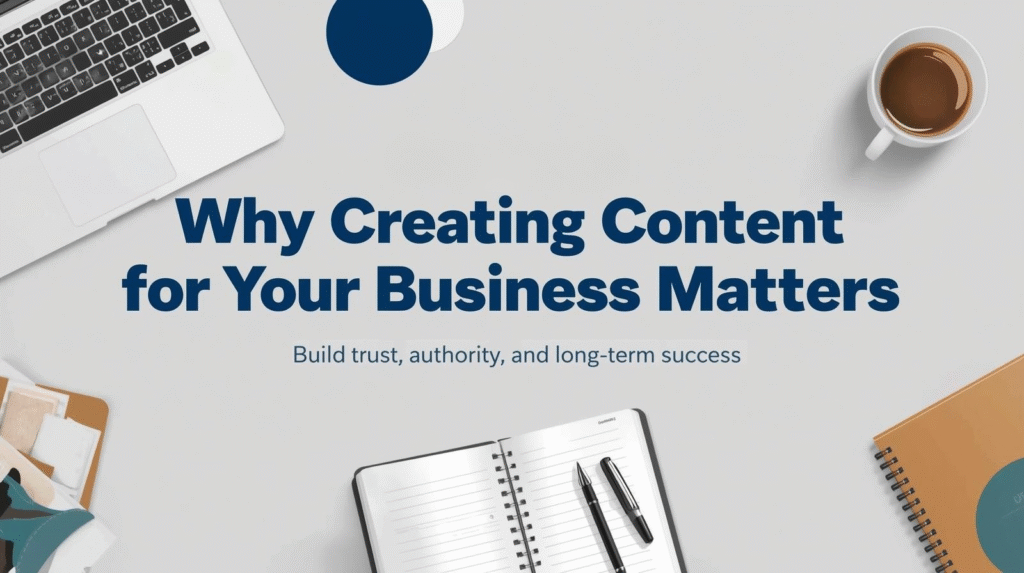 A desk with a laptop, coffee cup, notebooks, and pens. The text reads: "Why Creating Content for Your Business Matters. Good business starts with building trust, authority, and long-term success.