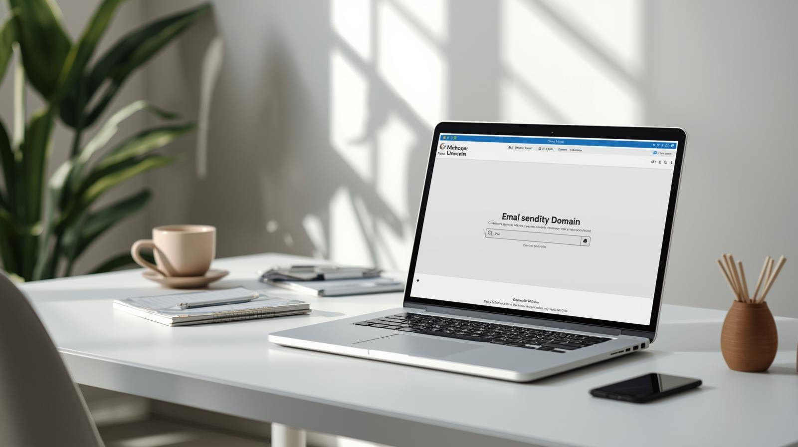 A laptop on a white desk displays a professional email domain checker website. Also on the desk are a notebook, pen, smartphone, coffee cup, and plant, with sunlight streaming through a window.