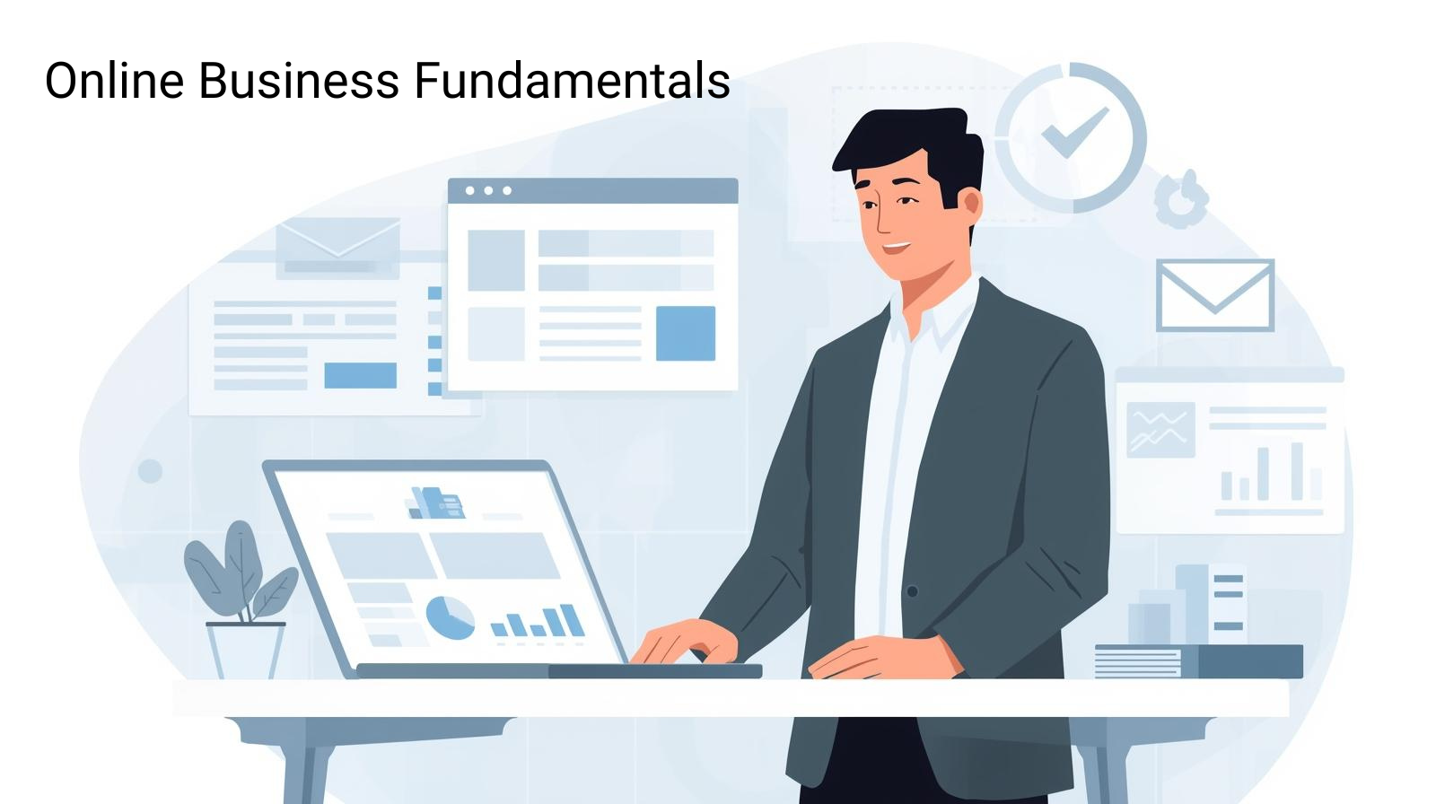 Illustration of a man in business attire working on a laptop at a desk, surrounded by digital charts and documents, highlighting the essentials of Online Business Fundamentals. Text reads "Online Business Fundamentals" in the top left corner.