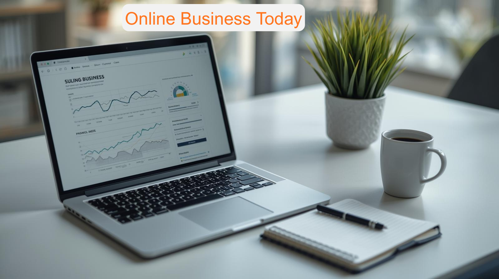 A laptop displaying business analytics charts sits on a desk with a notepad, pen, coffee cup, and potted plant. "Online Business Today: What You Need to Know" is written at the top in bold orange text.