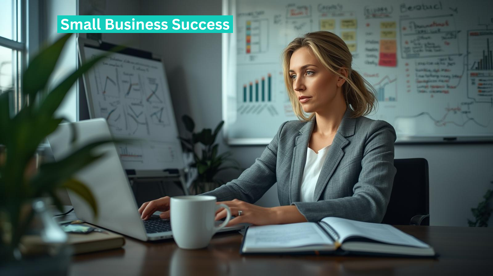 A woman in business attire works at a laptop in a modern office, with charts and graphs on whiteboards behind her. An open notebook and coffee cup are on the desk. Text reads "Small Business Success 2026.