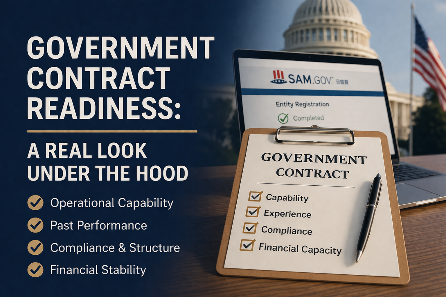 A clipboard labeled "Government Contract" lists contract readiness criteria—capability, experience, compliance, and financial capacity—set on a desk with a laptop showing a SAM.gov registration and the U.S. Capitol and flag in the background.