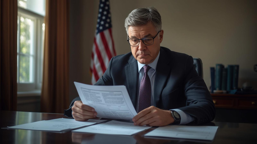 A man in a suit and glasses sits at a desk reviewing documents related to Government Contracts, with an American flag and books visible in the background, suggesting a formal office setting.