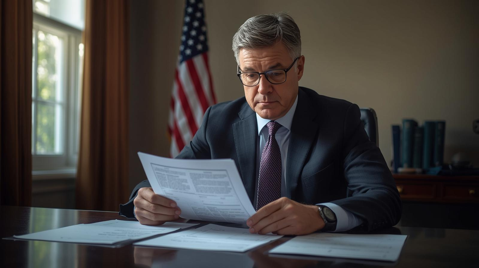 A man in a suit and glasses sits at a desk reviewing documents related to Government Contracts, with an American flag and books visible in the background, suggesting a formal office setting.