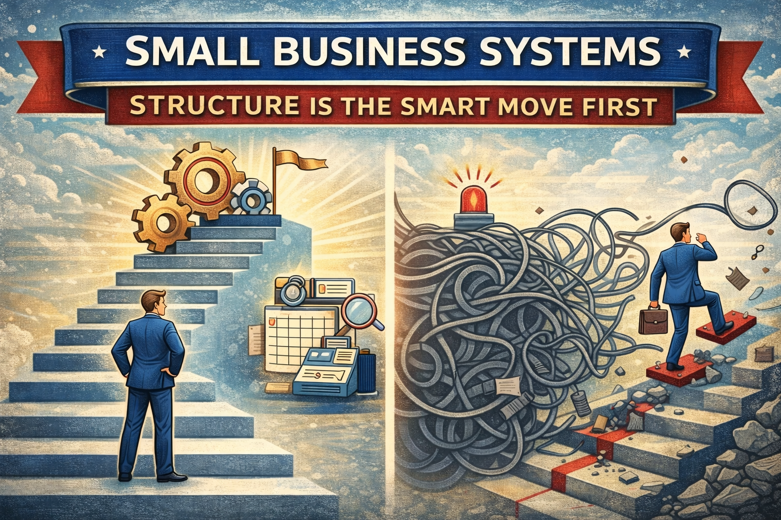 A split image shows a businessman on the left climbing organized stairs with gears and charts, and on the right struggling through tangled paths—illustrating how a solid business structure is a smart move for effective Small-Business Systems.