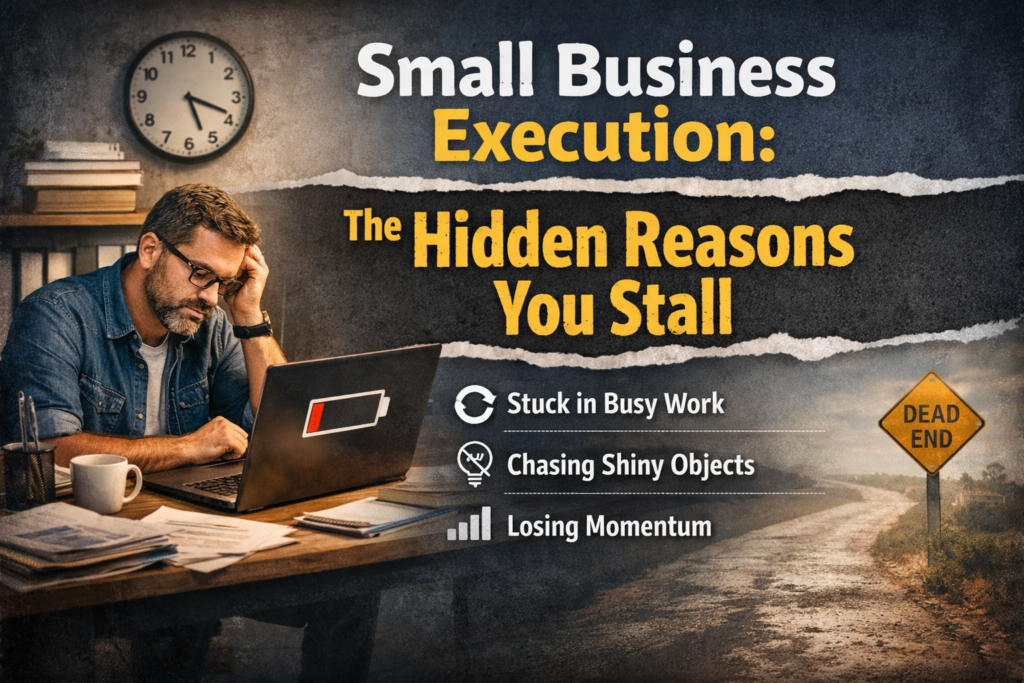 A tired man sits at a desk with a low-battery laptop. Text reads: "Small Business Execution: The Hidden Reasons You Stall," highlighting why small business owners face a business stall—busy work, shiny objects, lost momentum—a "Dead End" sign and foggy road in view.