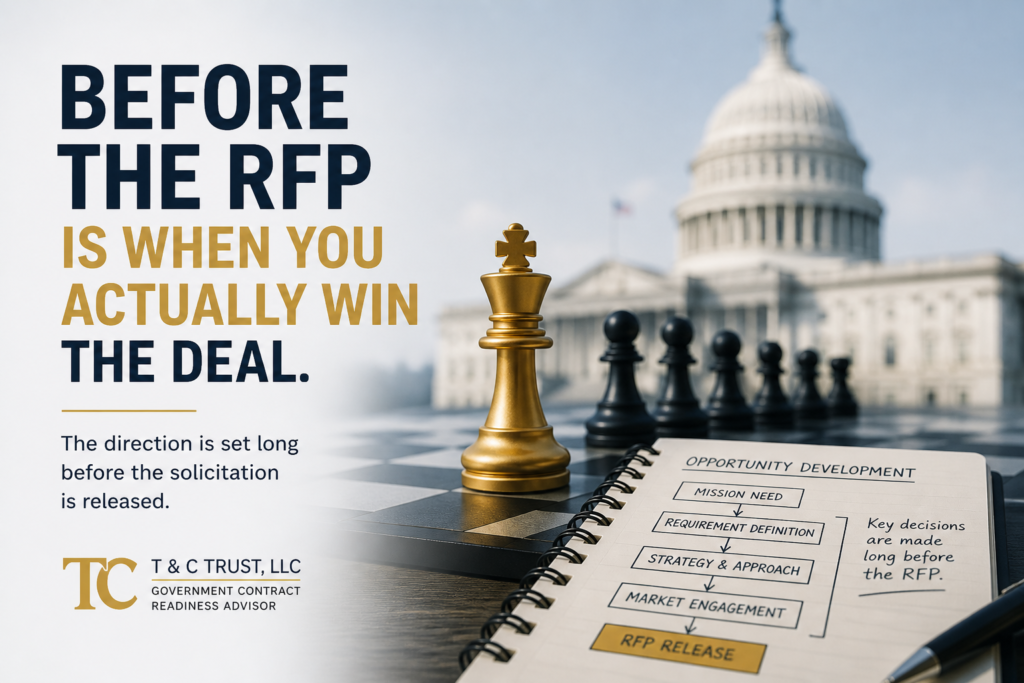 A chessboard with a golden king piece stands in front of the U.S. Capitol. Text reads: “Before the RFP is when you actually win the deal,” with sales strategy steps leading up to RFP release shown on the board.