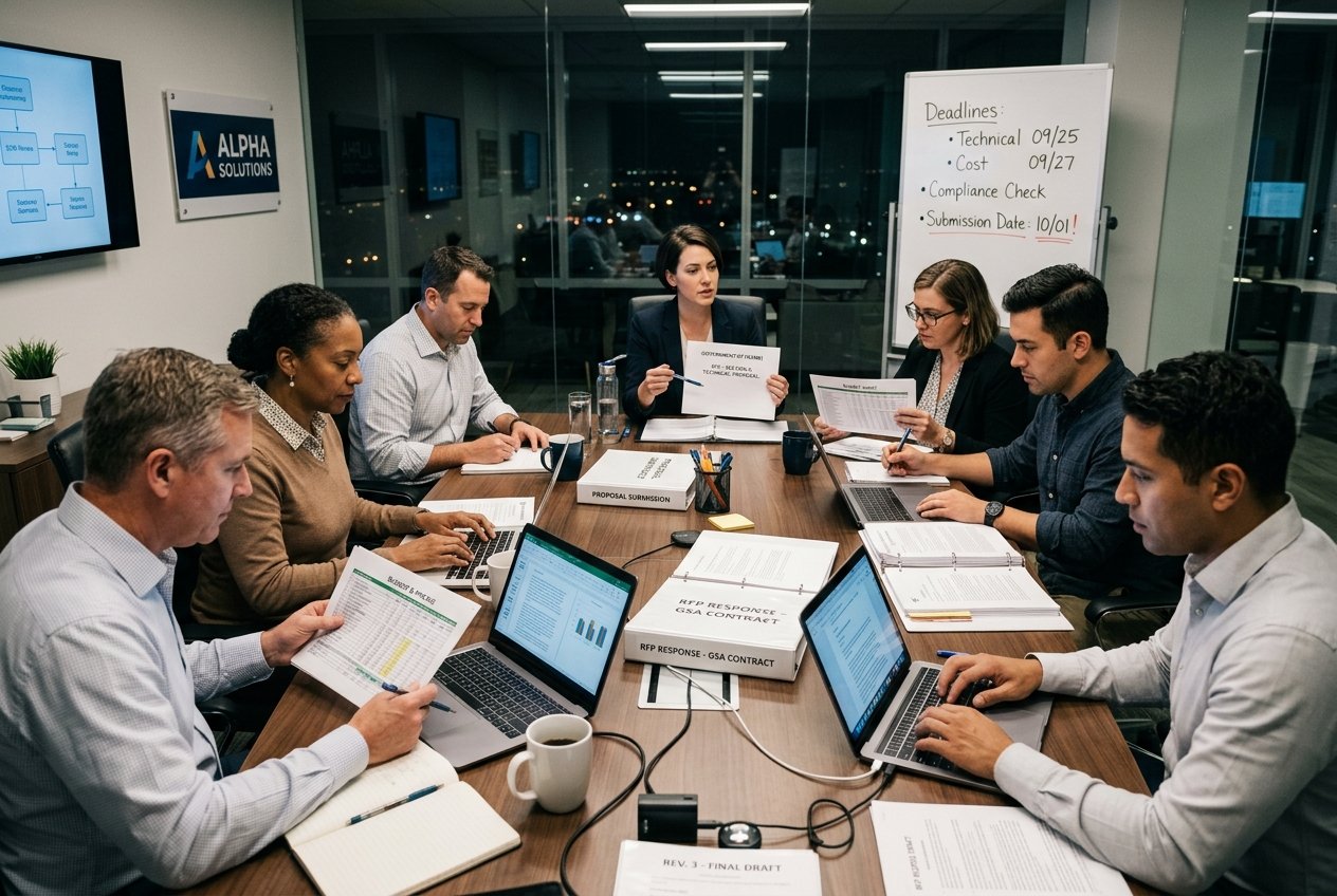 Seven people sit around a conference table with laptops and documents, engaged in a meeting focused on contract preparation. A whiteboard with deadlines and office cityscape windows are in the background.